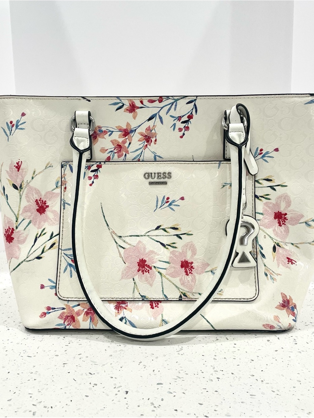 GUESS Cream Floral Tote with Pink Accents